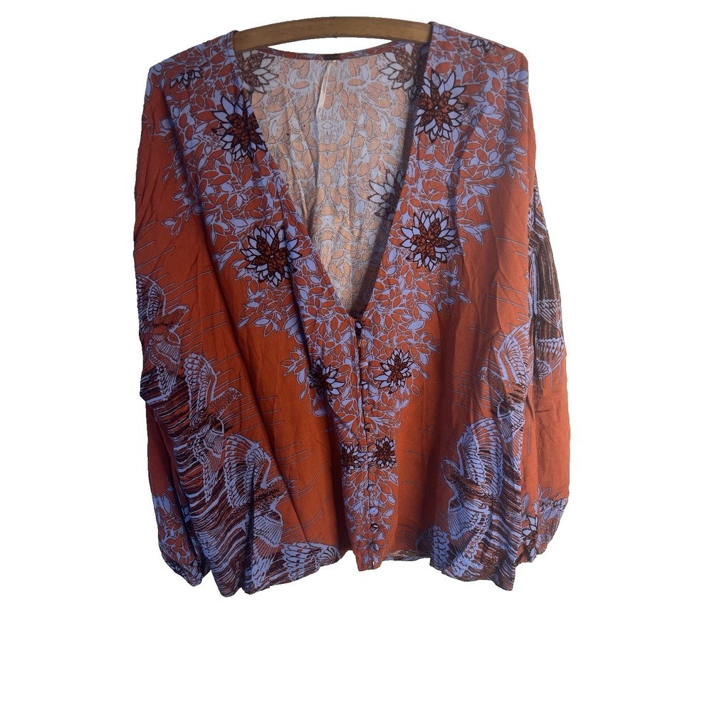 Free People Birds Of A Feather Floral Blouse Cottage Boho Festival XS Oversized